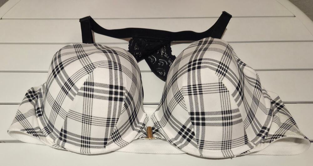 Cacique Cotton Spandex T-Shirt Bra Lightly Lined Front Close Plaid Lace 44D